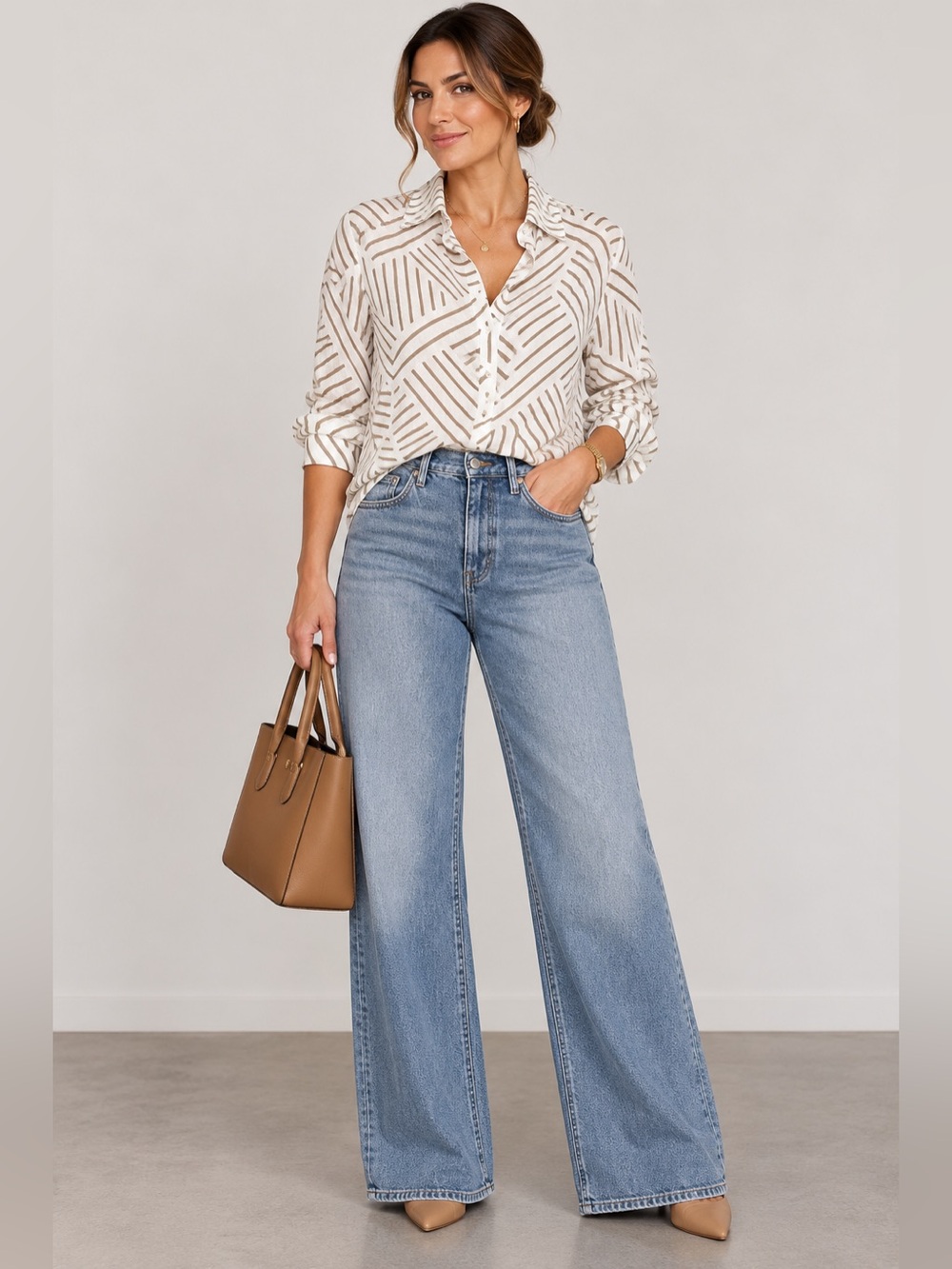 REITMANS Ivory Taupe Geometric Button-Up Blouse XL